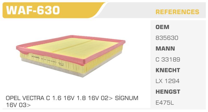 WINKEL WAF630 — HAVA FİLTRESİ CROMA 05> / VECTRA C 03> SIGNUM 03> 2.0 16V 2.2 16V 1.9 CDTI 1.9 DMTJ 2.0 CDTI SÜNGERLİ Koli: