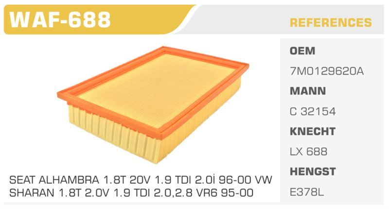 WINKEL WAF688 — HAVA FİLTRESİ SHARAN / ALHAMBRA / GALAXY 1.8T 20V Koli: 20 Ad.
