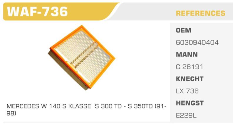 WINKEL WAF736 — HAVA FİLTRESİ MERCEDES S CLASS W140 S350 TD 93>98 Koli: 20 Ad.