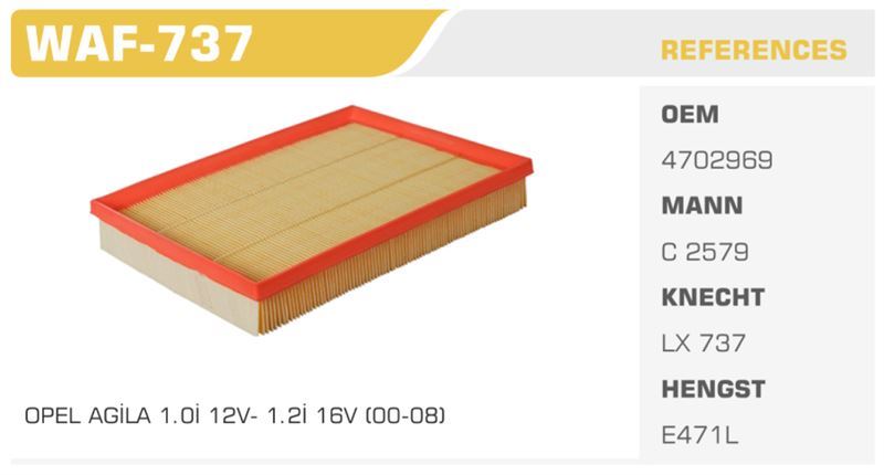 WINKEL WAF737 — HAVA FİLTRESİ AGILA 00> 1.0 12V 1.2 16V Koli: 36 Ad.