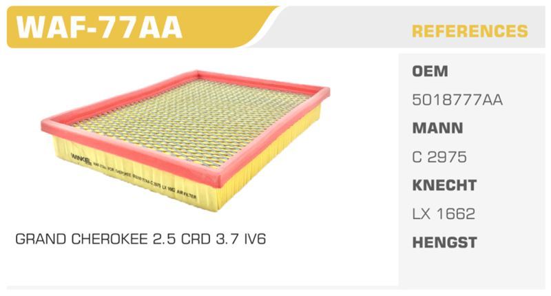 WINKEL WAF77AA — HAVA FİLTRESİ CHEROKEE 01> COMMANDER 05> 2.5 CRDI 2.8 CRDI 3.0 CRDI 3.7 4.7 Koli: 36 Ad.