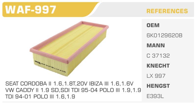 WINKEL WAF997 — HAVA FİLTRESİ POLO CLASSIC 00> POLO III CADDY II / CORDOBA IBIZA III 1.9 TDI SDI Koli: 38 Ad.