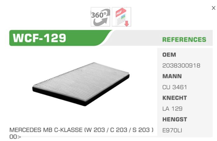 WINKEL WCF129 — POLEN FILTRESI MERCEDES 203 (CU3461)