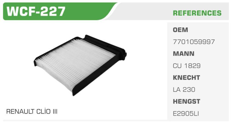 WINKEL WCF227 — POLEN FİLTRESİ CLIO III MODUS TWINGO / LOGAN SANDERO DUSTER / MICRA K12 03> NOTE 07> Koli: 60 Ad.(POSETLI)