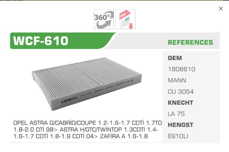 WINKEL WCF610P — POLEN FİLTRESİ OPEL ASTRA G(POSETLI)