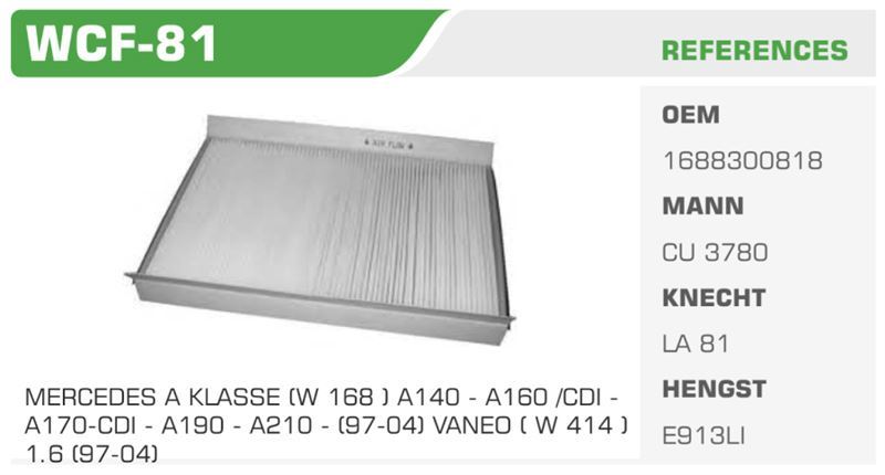 WINKEL WCF81 — POLEN FİLTRESİ MERCEDES A CLASS W168 A170 VANEO 02> Koli: 30 Ad.