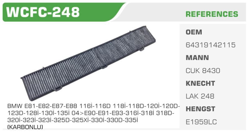 WINKEL WCFC248 — POLEN FİLTRESİ BMW 1 04-12 BMW 3 BMW X1 09> Koli: 20 Ad.