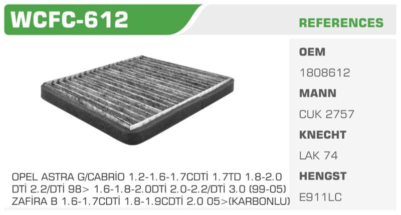 WINKEL WCFC612 — POLEN FİLTRESİ ASTRA G 98> ZAFIRA A KARBONLU Koli: 36 Ad.