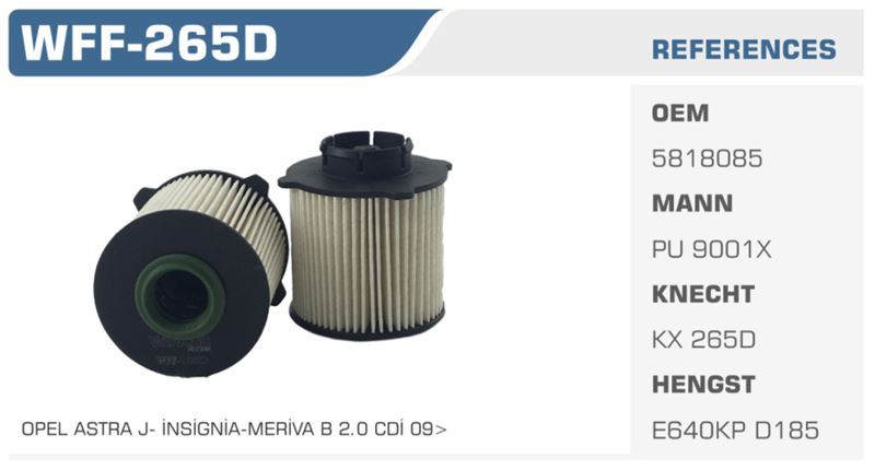WINKEL WFF265D — MAZOT FİLTRESİ ASTRA J ASTRA G J ZAFIRA / CRUZE 1.3 CDTI 1.7 CDTI 2.0 CDTI 2.0 CDI Koli: 24 Ad.