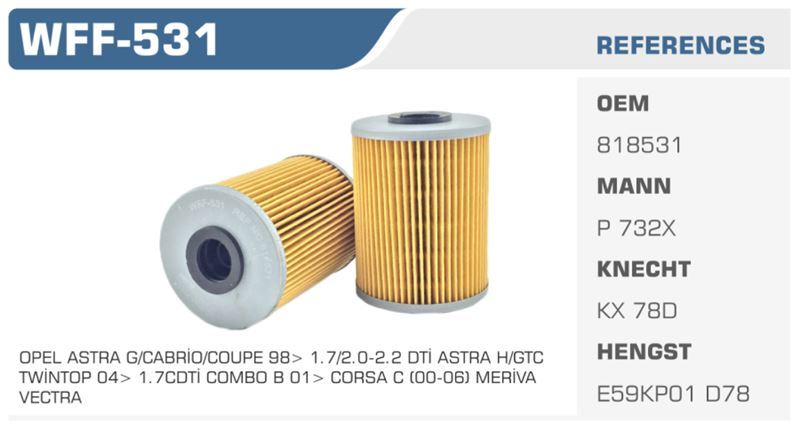 WINKEL WFF531 — MAZOT FİLTRESİ ASTRA G H ASTRA F G VECTRA B C CORSA C COMBO B C 1.7 CDTI Y17DT 2.0 DTI 16V Y20DTH Koli: 24