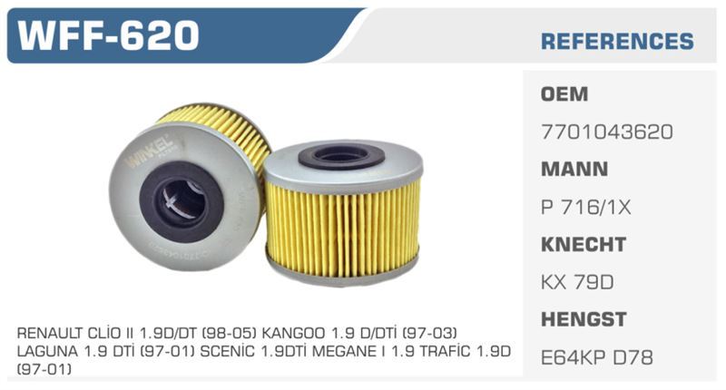 WINKEL WFF620 — MAZOT FİLTRESİ CLIO II 00-05 KANGOO 98> MEGANE 97-99 LAGUNA I 97-01 TRAFIC 89-01 1.9D 1.9 DTI Koli: 24 Ad.
