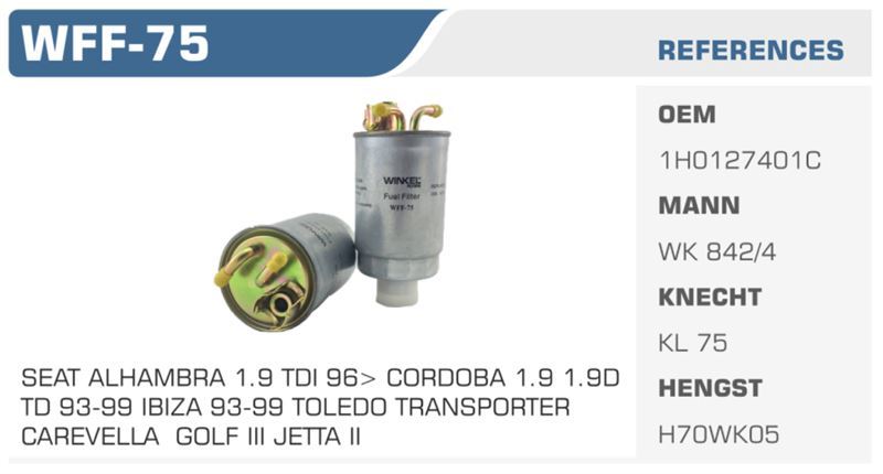 WINKEL WFF75 — MAZOT FİLTRESİ POLO CLASSIC CADDY II 96> TRANSPORTER T4 / CORDOBA 1.9 2.4 2.5 TDI Koli: 50 Ad.