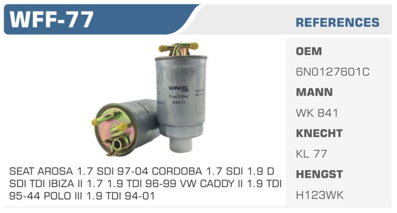 WINKEL WFF77 — MAZOT FİLTRESİ POLO CADDY II / CORDOBA IBIZA INCA / FELICIA 1.9SDI Koli: 50 Ad.