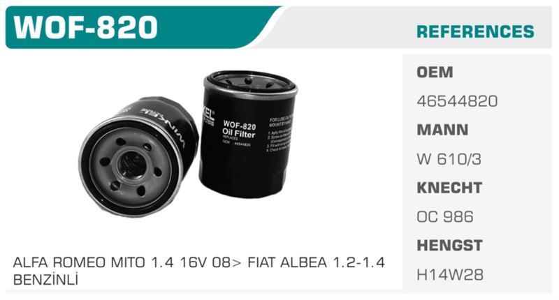 WINKEL WOF820 — YAĞ FİLTRESİ PALIO ALBEA DOBLO BRAVA STILO PUNTO / MITO / CLIO III MEGANE III LAGUNA III SCENIC III FLUENCE