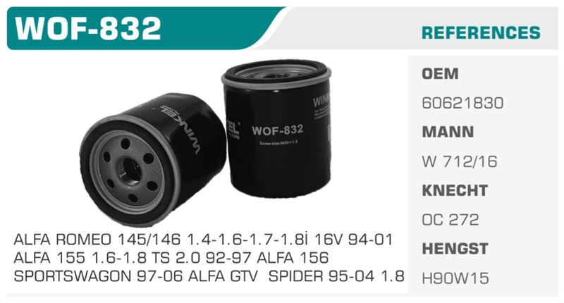 WINKEL WOF832 — YAĞ FİLTRESİ DOBLO UNO MAREA PANDA 03> / 145 95> 146 96> 147 01>10 156 00> 1.1 1.2 1.4 1.6 1.8 2.0 1.9 Koli: