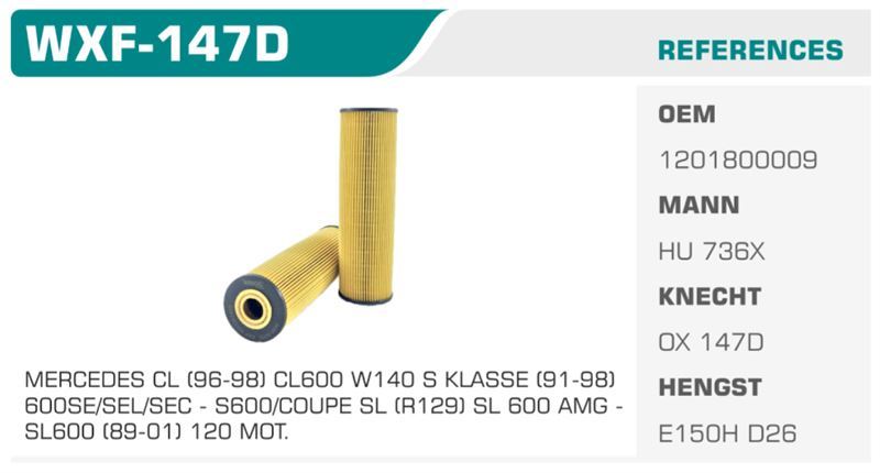 WINKEL WXF147D — YAĞ FİLTRESİ MERCEDES SL R129 SL 600 394HP 92-01 ECO Koli: 50 Ad.