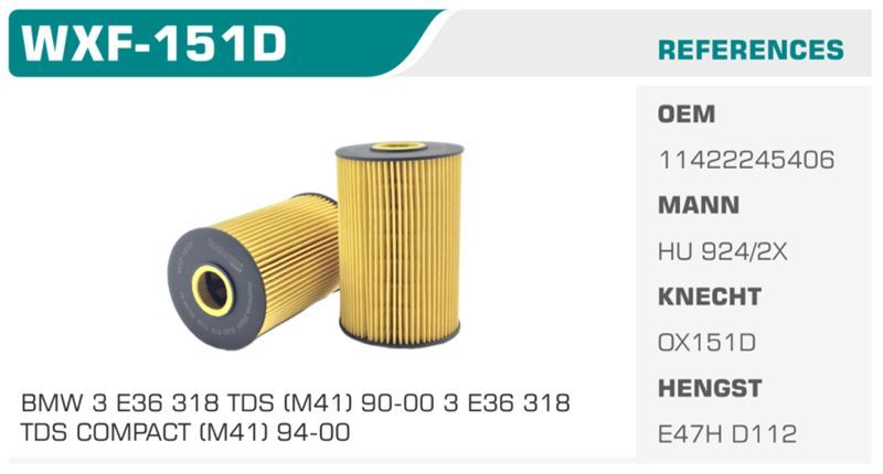 WINKEL WXF151D — YAĞ FİLTRESİ BMW 3 E36 318 TDS ECO Koli: 50 Ad.