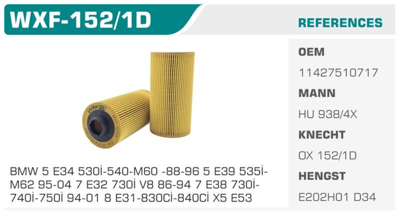 WINKEL WXF1521D — YAĞ FİLTRESİ BMW 5 E34 E39 BMW 7 E38 530I 535I 540I MANN TİPİ Koli: 50 Ad.