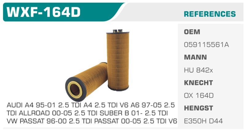 WINKEL WXF164D — YAĞ FİLTRESİ PASSAT / A4 A6 A8 2.5 TDI AFB AKN ECO MANN TİPİ Koli: 50 Ad.