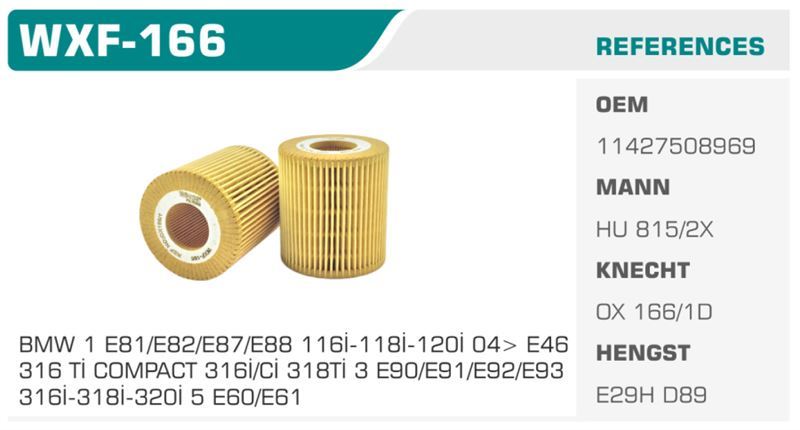 WINKEL WXF166 — YAĞ FİLTRESİ BMW 1 BMW 3 BMW 5 BMW X1 BMW X3 116I 118I 120I 316I 318I 318CI 320I 520I ECO MANN TİPİ Koli: 50