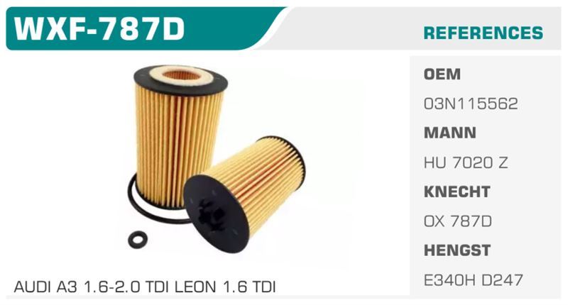 WINKEL WXF787D — YAĞ FİLTRESİ GOLF VII 12> PASSAT 14> / A3 12> A4 A5 13> A6 13> Q3 Q5 / LEON 12> / OCTAVIA 1.6 TDI 2.0 TDI