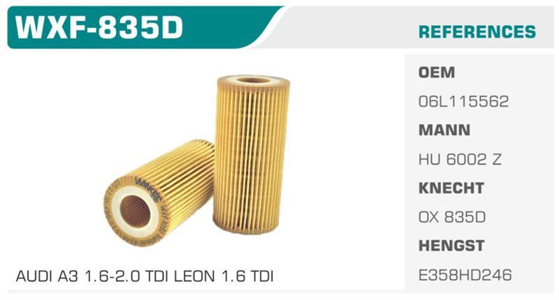 WINKEL WXF835D — YAĞ FİLTRESİ GOLF VII / A3 A4 A5 Q5 / LEON III / OCTAVIA 1.8 TFSI 1.8 TSI 2.0 TFSI Koli: 50 Ad.