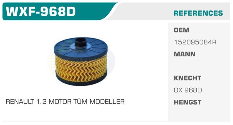 WINKEL WXF968D — YAĞ FİLTRESİ CLIO IV MEGANE III SCENIC III CAPTUR / DOKKER 1.2 TCE 0.9 TCe 90PS TCE Koli: 50 Ad.