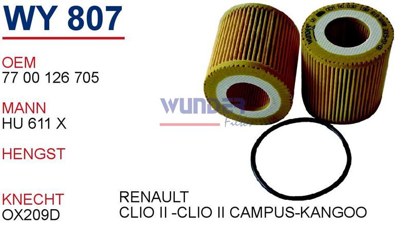WUNDER WY807 — 7700126705 REANULT CLIO CAMPUS YAĞ FİLTRESİ